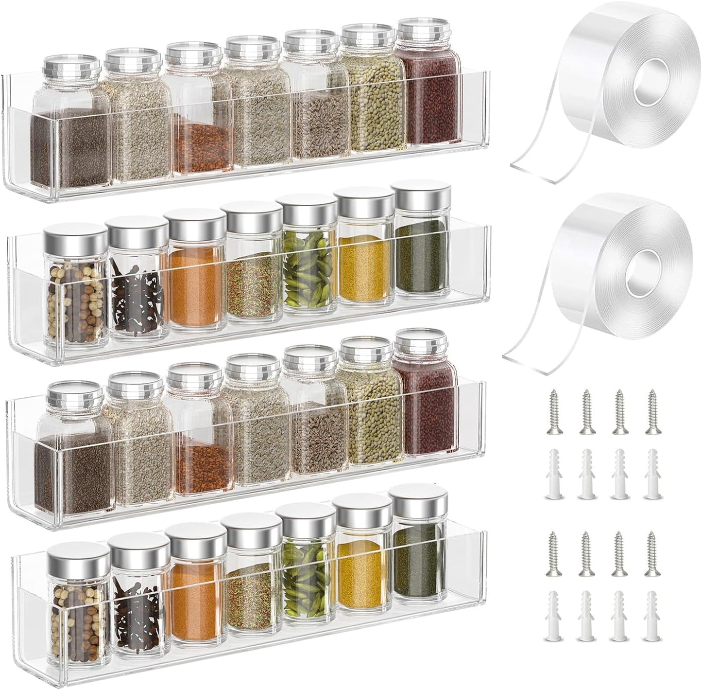 PMMASTO Adhesive Acrylic Spice Rack Organizer for Wall with 2 Nano Double Sided Tape, Spice Shelf Organization for Kitchen Cabinet Door/Pantry Door, Wall Mount Seasoning Rack (Clear-4 Pack)