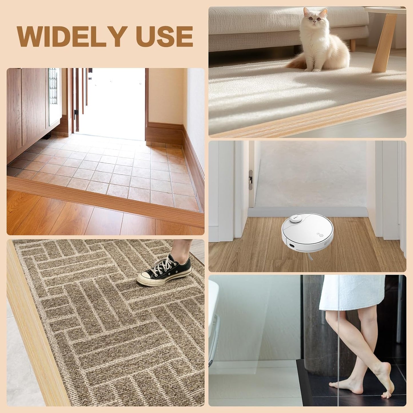 Floor Transition Strip Vinyl Door Threshold Ramp Self Adhesive Carpet Edging Strip Doorway Edge Trim, Overlap Edge Reducer for Laminate Carpet, Floor, Tile (Light Yellow Grain, 1/5" to 2/5", 3.3Ft)