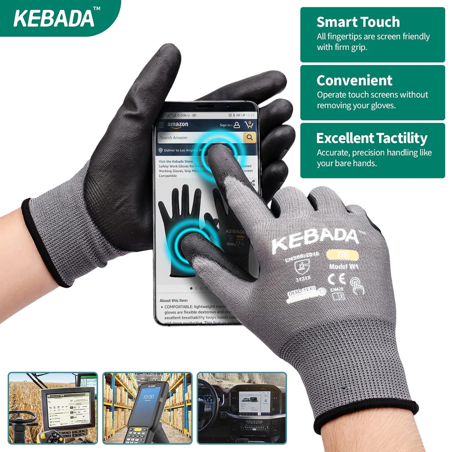 Kebada Safety Work Gloves,120 Pairs Bulk Pack, Touchscreen, PU Coated, Ideal for Warehouse, Construction, Gardening and Mechanics, Grey, X-Small