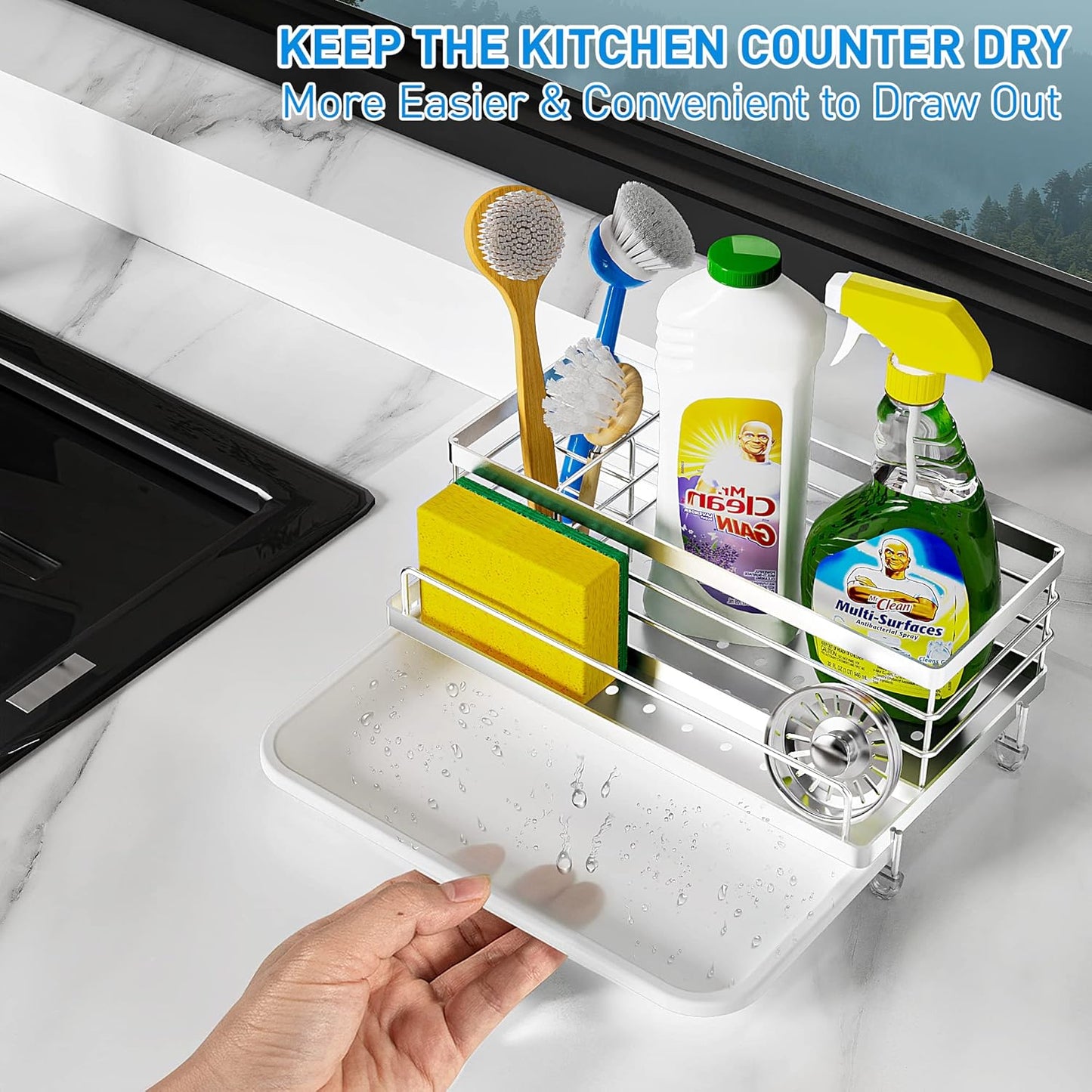 Cisily Stainless Steel Sponge Holder for Kitchen, Sink Caddy Sink Organizer Rack for Kitchen Accessories with Drip Tray, Rustproof and Non-slip, Dish Soap Dispenser Countertop Organizer