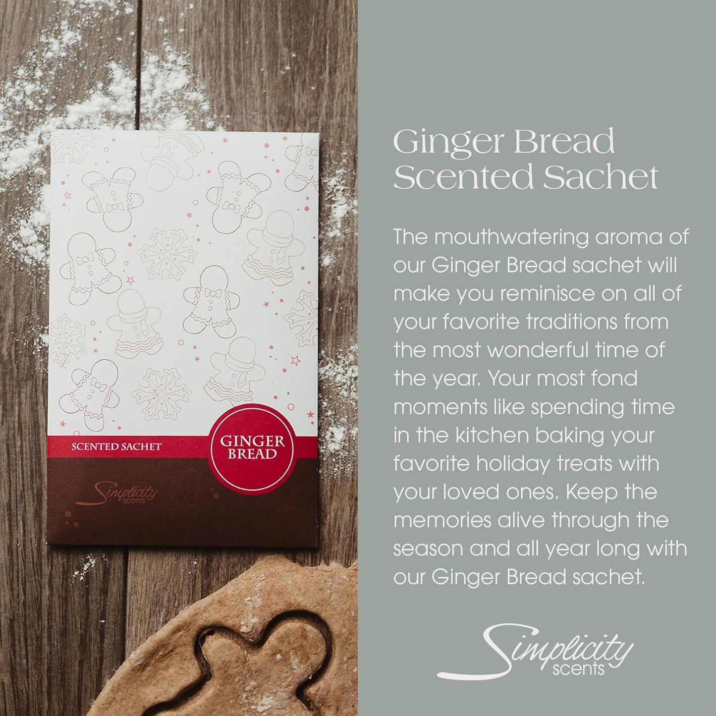 Simplicity Scents Gingerbread Scented Sachets Pack of 6, Fall & Winter - Long-Lasting Scented Bags, Home Fragrance, Air Freshener & Deodorizer for Closet, Room, Drawer, or Cars, Made in USA