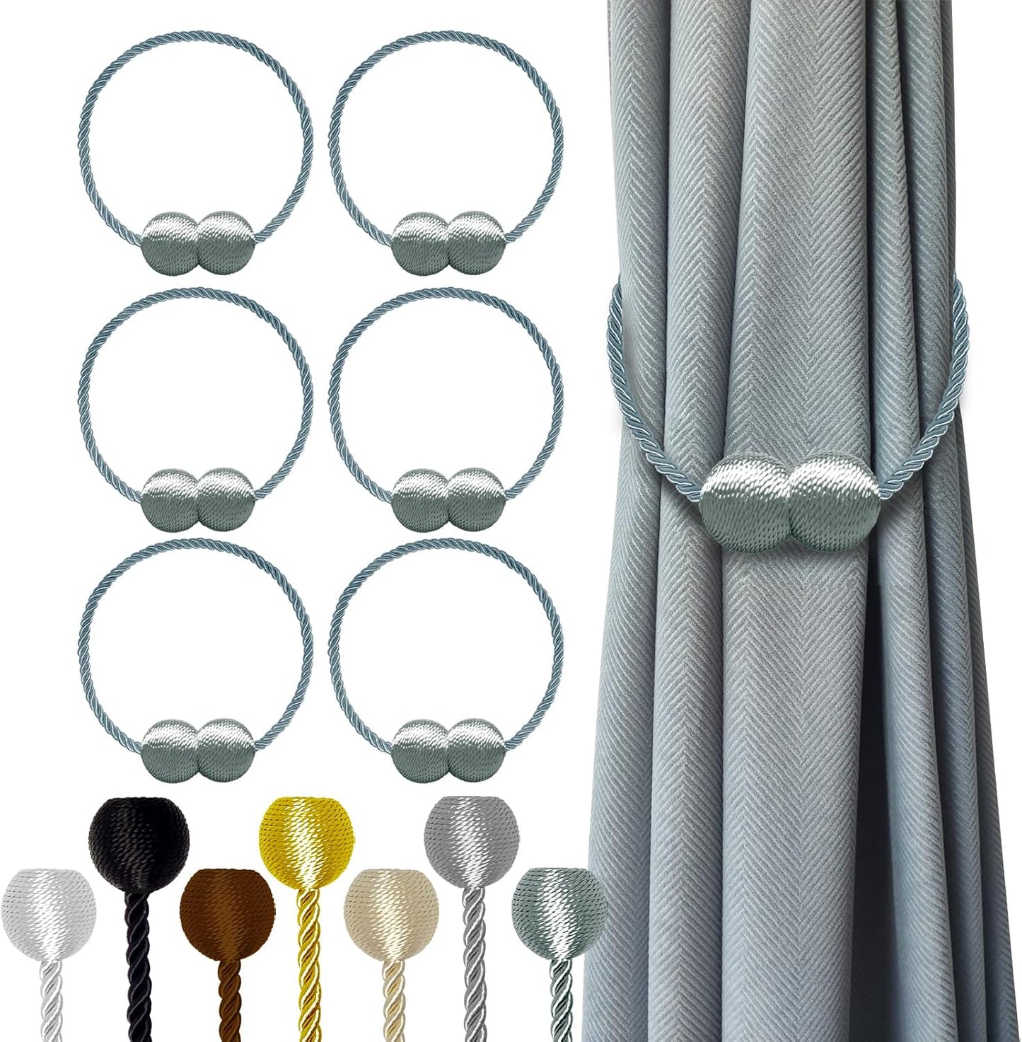 Hion Magnetic Curtain Tiebacks Gray Blue 6 Pack, Curtain Tiebacks Buckles Holdbacks Holders Hooks Clip for Home Bedroom Office Decorative Thick or Thin Curtain