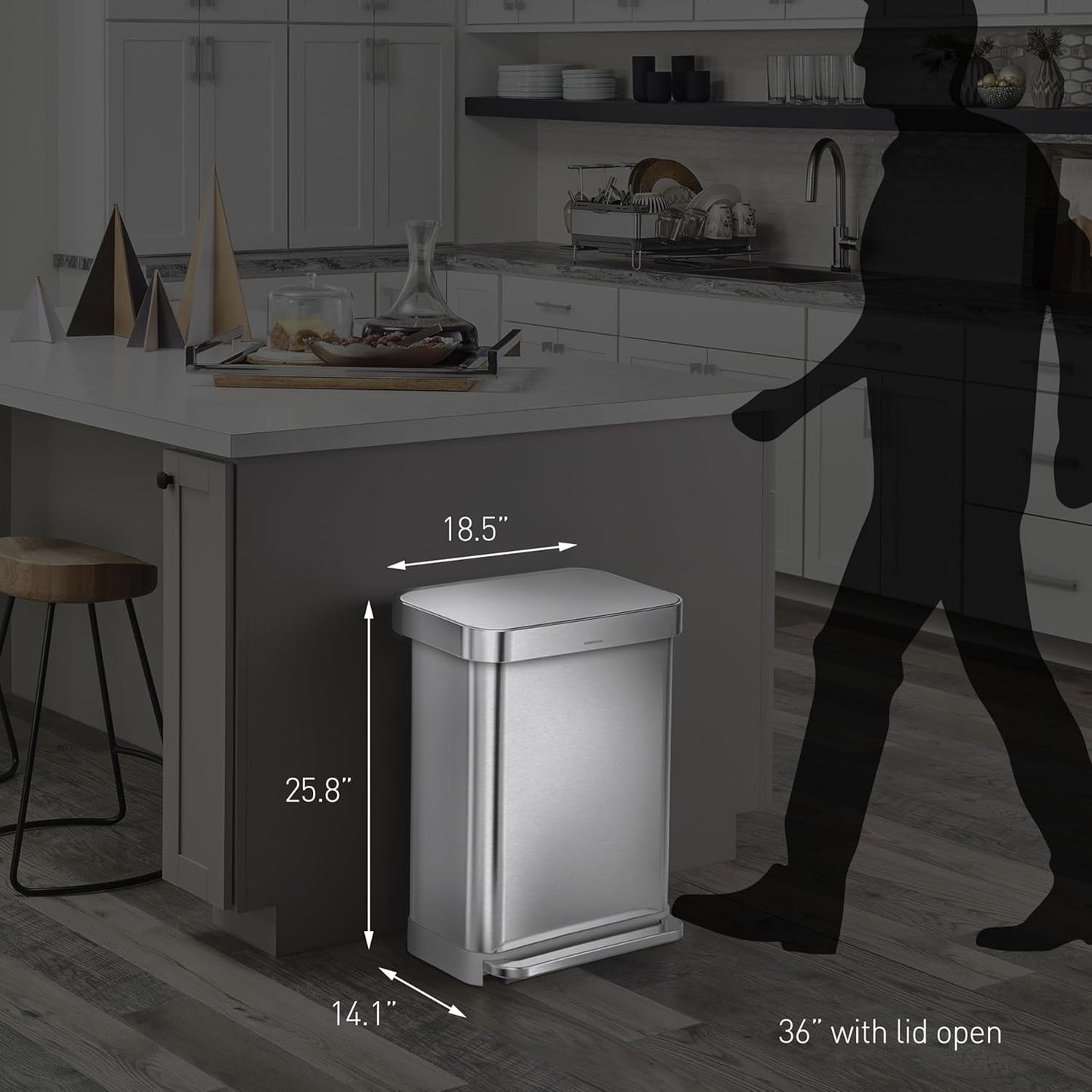 simplehuman 55 Liter / 14.5 Gallon Rectangular Hands-Free Kitchen Step Trash Can with Soft-Close Lid, Brushed Stainless Steel