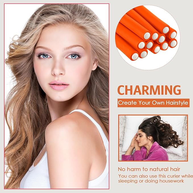 WILLBOND 60 Pieces Flexible Curling Rods Hair Curlers Rollers Twist Flexi No Heat Rods Rollers for Long Short Hair Women(0.7 x 9.5 Inch,Orange)