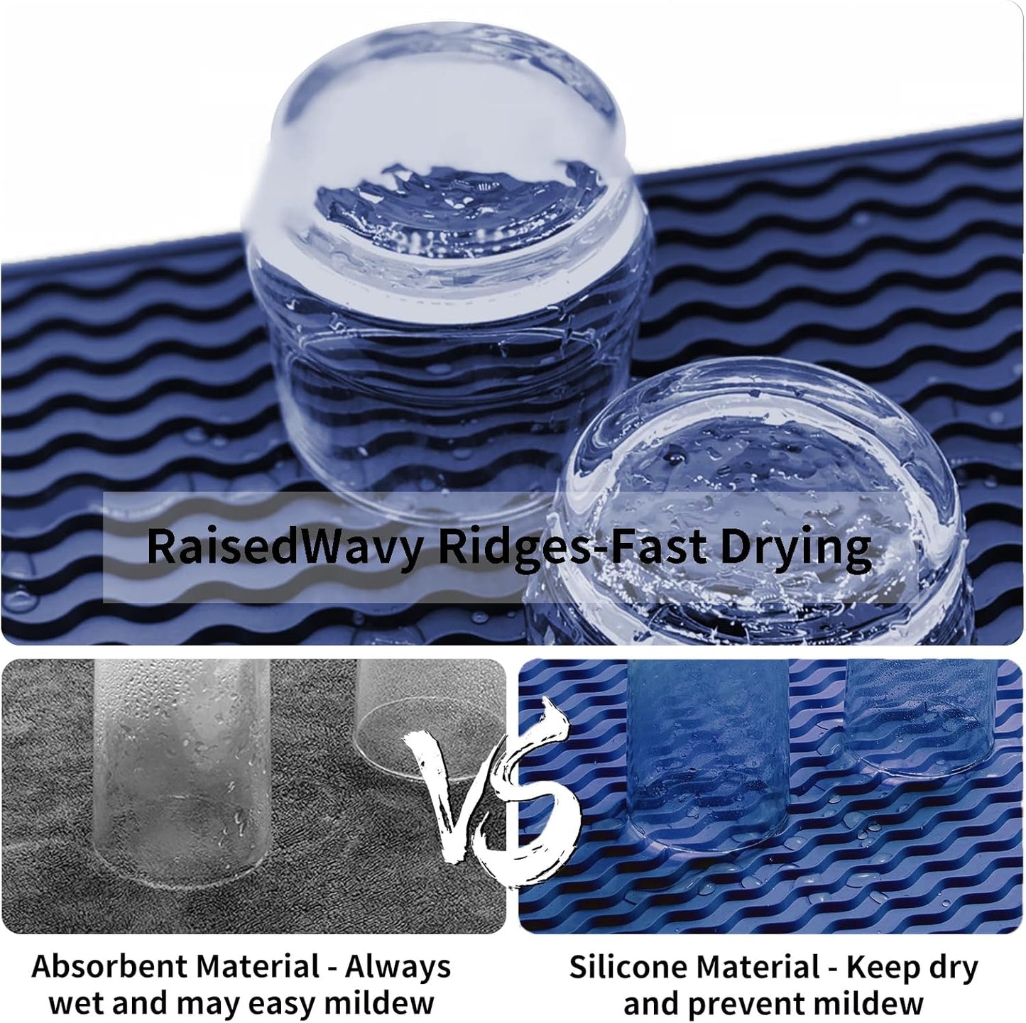 ZLR Silicone Dish Drying Mat for Kitchen Counter, Eco-Friendly Fast Dry Dish Mat, Easy Clean Multi Usage Drying Matt, Heat Resistant Trivet, 12" x 16" Large, Midnight Blue