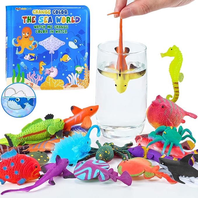 Color Changing No Hole Bath Toys for Toddlers Kids, Color Change Sea Creatures Ocean Animal Toys & Glow in The Dark Toy with Bath Book(13 Pack), Water Table Toys Rubber Fish Toys for Kids Bathtub