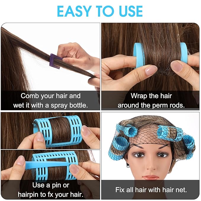 WILLBOND 65 Pieces Rollers Plastic Rollers Hair Curlers Set 4 Sizes for Long Medium Short Hair, Duck Clips Hairnet Hairdressing Styling Tool(Blue)