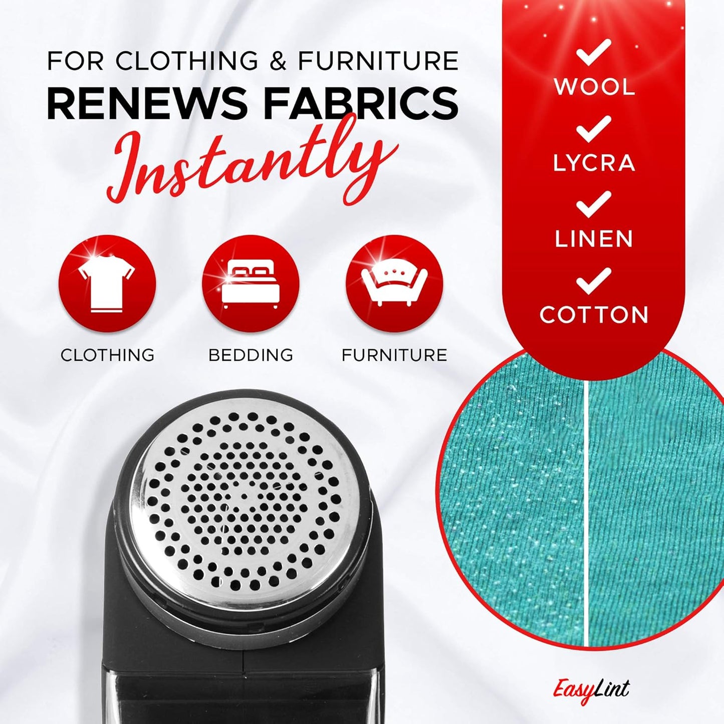 EasyLint Professional Fabric Shaver Lint Remover, Electric Sweater Shaver for Clothes & Furniture Works with AC Adapter or Batteries, Pilling Remover with 2-Blades, Cleaning Brush & Power Cord