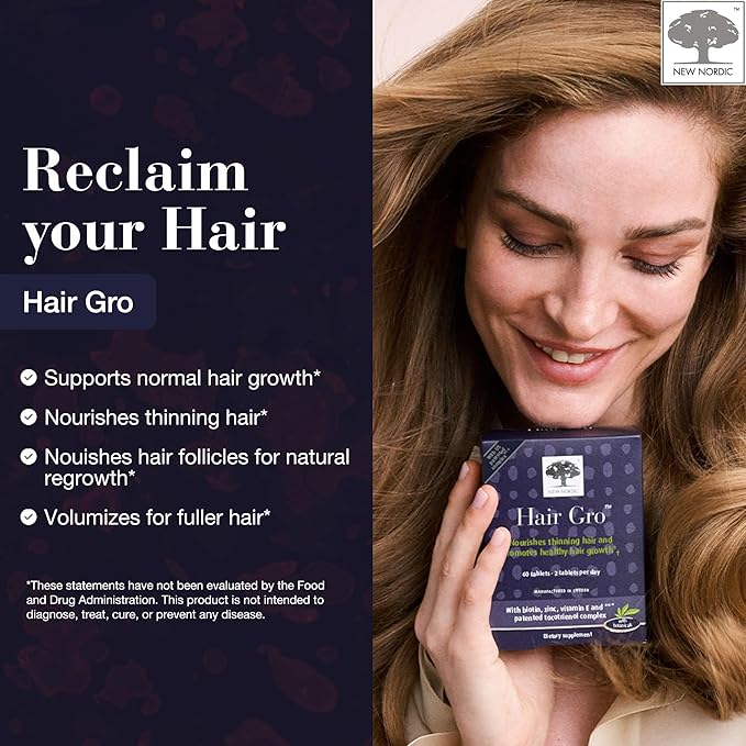 NEW NORDIC Hair GRO, Hair Growth Supplement, Biotin & Palm Fruit Extract Tocotrienols for Natural Regrowth, 60 Count (Pack of 1)