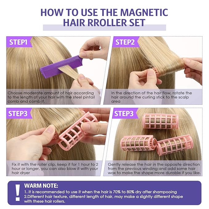 Syhood 24 Pcs Snap Hair Roller, Small Plastic Rollers Curlers with Rat Tail Comb for Long Short Hair Styling Tool(0.79 x 2.67 Inch,Purple)