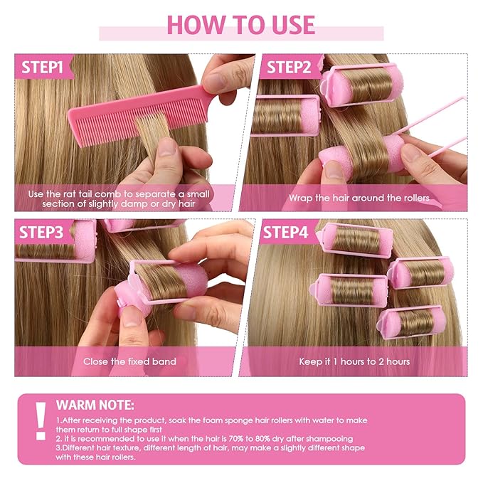 Syhood 48 Pcs Foam Sponge Hair Rollers Soft Sleeping Curlers Flexible Sponge Curler and Rat Tail Comb for Women Hairdressing Styling(Pink,0.98 inch)