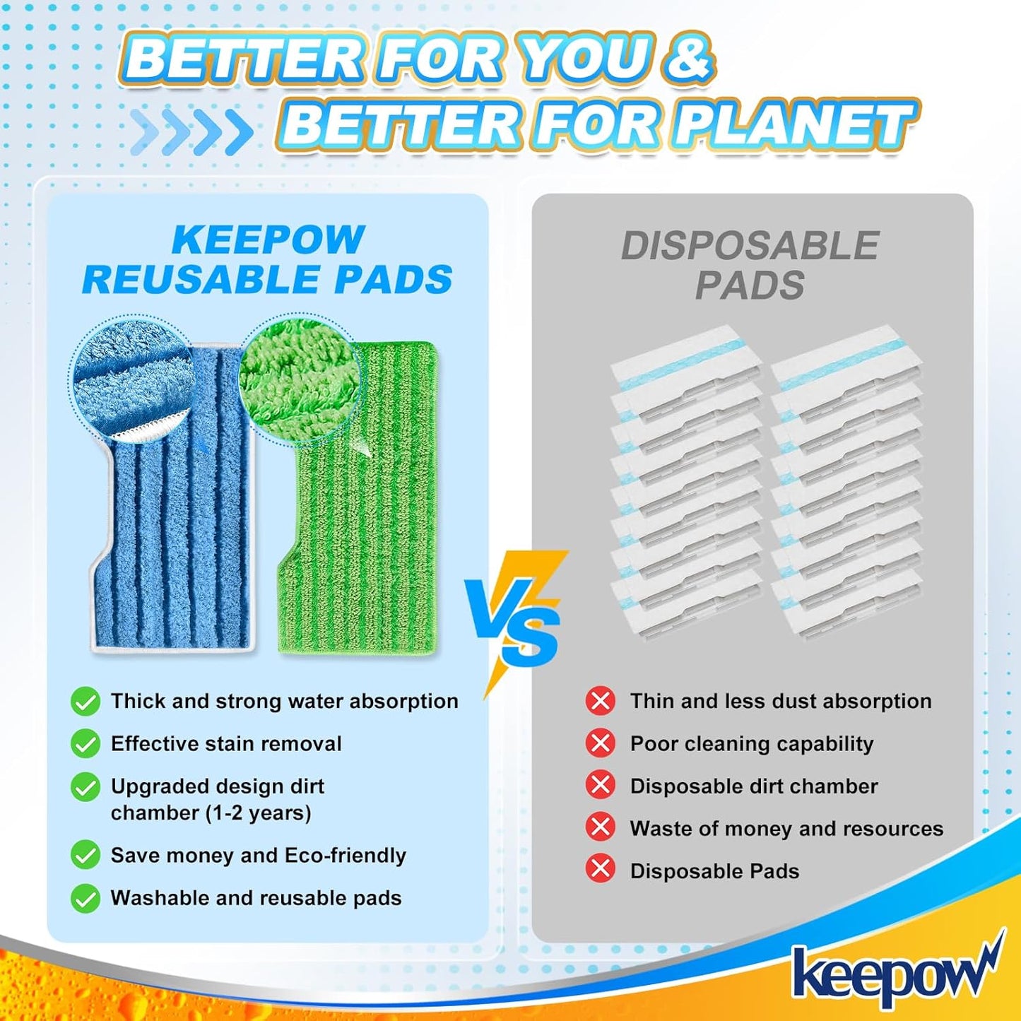 KEEPOW Reusable Replacement Pads Compatible with Shark Vac Mop VM252 VM200 VC205 VM250 /QM250 VM190 VM200P12, Washable Vacuum Mop Pad Refills, Upgraded Design of Dirt Chamber (1+2+2+2 Pads)