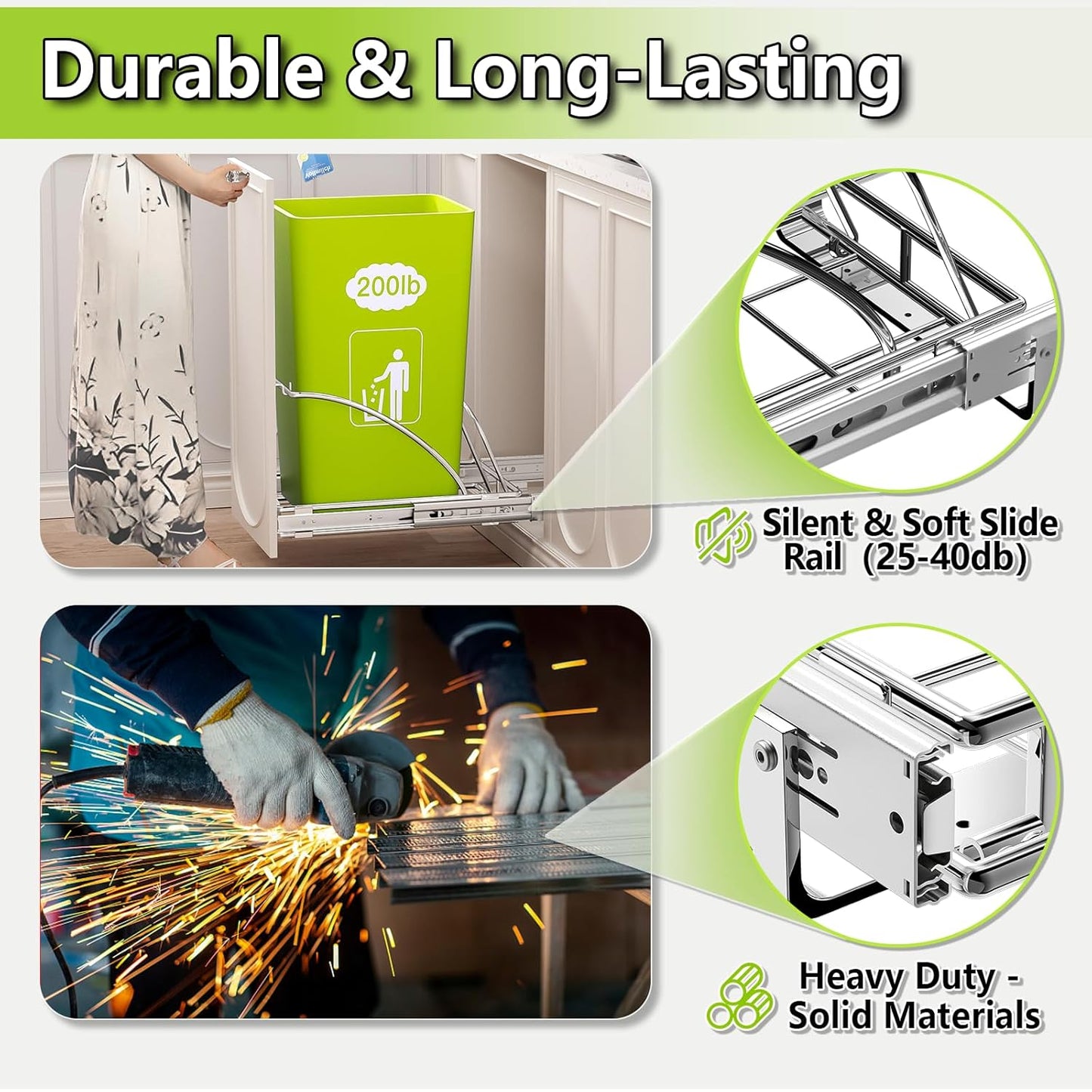 Pull Out Trash Can Slide Rail Under Cabinet 7-13 Gallon 50 Qt Under Sink Trash Can Pull Out Trash Can for Kitchen Cabinets Slide Out Garbage Bin Under Counter, No Can Include (Silver)