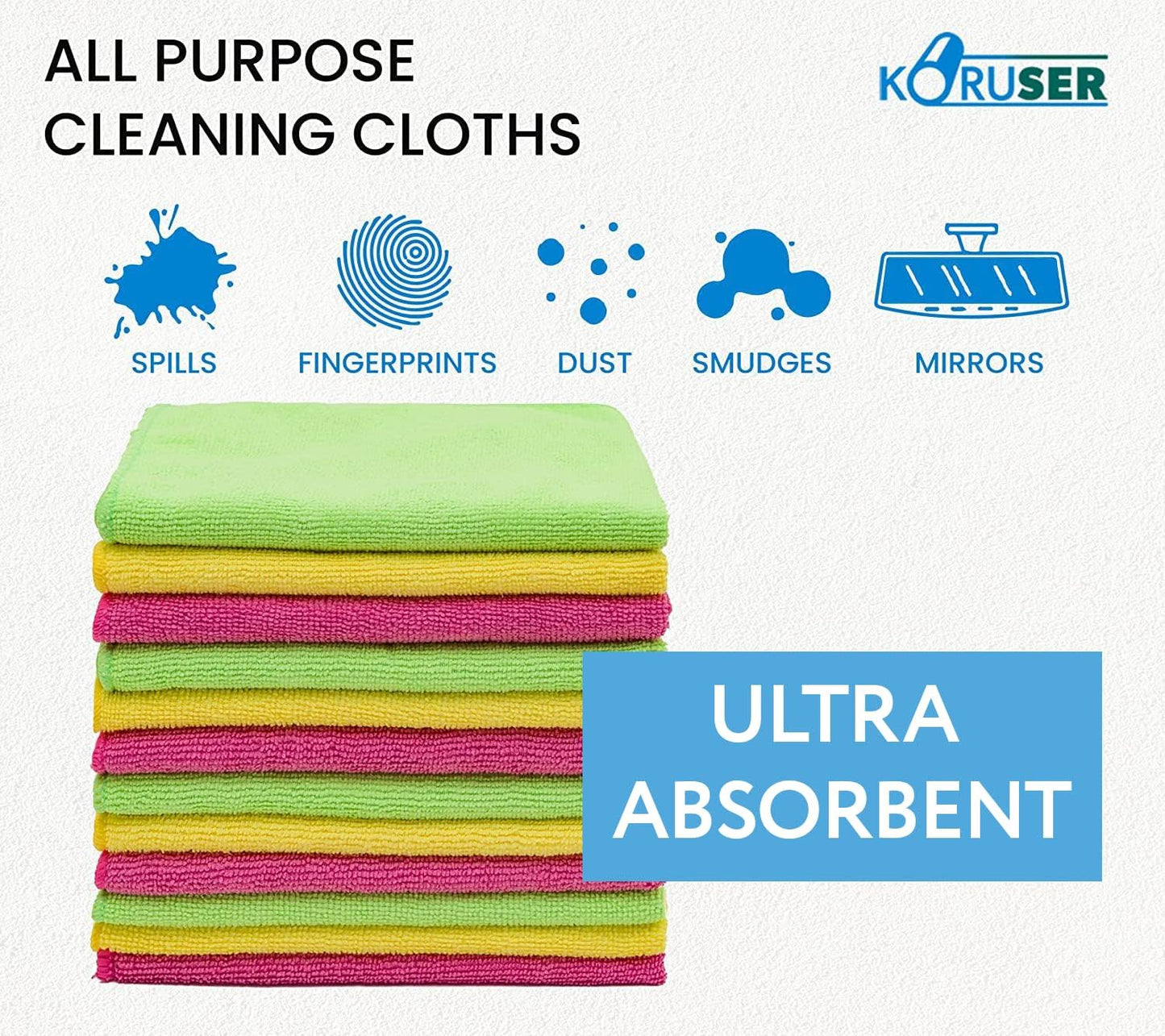 Microfiber Cleaning Cloths - Pack of 12 (16'' x 16'') - Reusable and Washable - All Purpose Towels for Multi Purpose Indoor/Outdoor Cleaning/Dusting/Polishing on Kitchen/Bathroom/Auto Surfaces