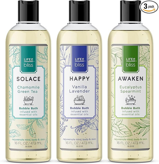 Life is Bliss | 3 Fresh & Soothing Scents | Variety Pack | Liquid Bubble Bath 16 fl oz
