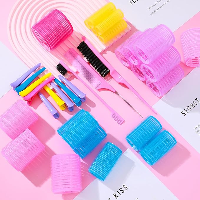 5 Sizes Self Grip Hair Rollers Set, 64 Pcs Rollers Hair Curlers with Clips Comb for Long Medium Short Hair (60 48 40 32 20mm), Multicolor