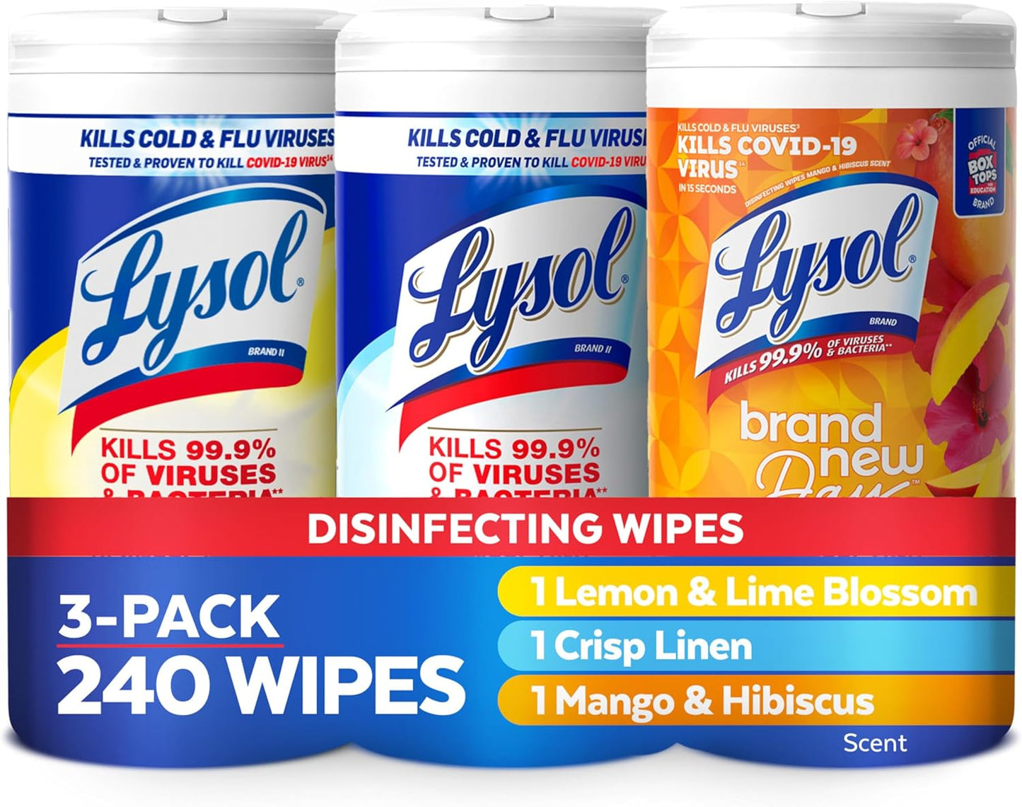 Lysol Disinfectant Wipes Bundle, Dorm Room Essentials, Multi-Surface Cleaning Wipes, For Disinfecting & Cleaning, Lemon & Lime Blossom, Crisp Linen, Mango & Hibiscus, 3x80 ct