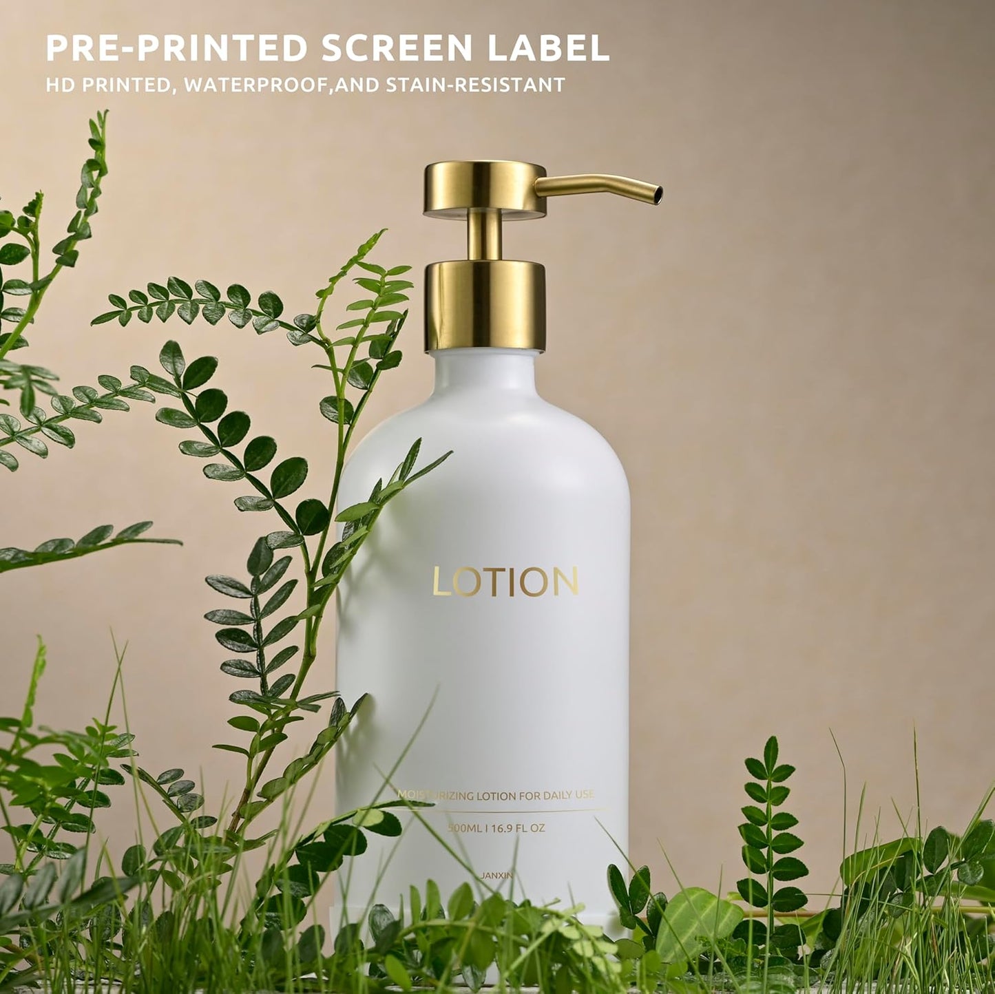 Glass Soap Dispenser Set by Janxin,Bathroom Soap Dispenser Set with Ceramic Tray,Luxury Bathroom Accessories,Modern Kitchen Decor (White+Gold(Lotion))