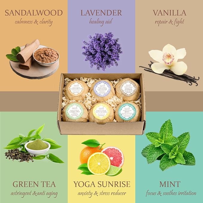 Home Spa Gift Basket Calming Relaxation Aromatherapy Bath Bombs, 6 Refreshing, Aromatic Scents to Moisturize, Revitalize, Rejuvenate Mind, Body & Soul