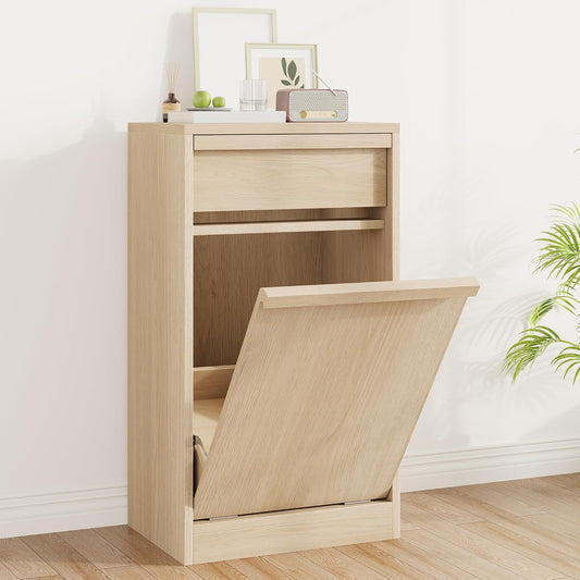 Tilt Out Trash Cabinet, Natural Wood Hidden Garbage Can Cabinet for 10 Gallon Bins, Modern Pet-Proof Trash Cabinets for Kitchen, Dining, Living Room Storage