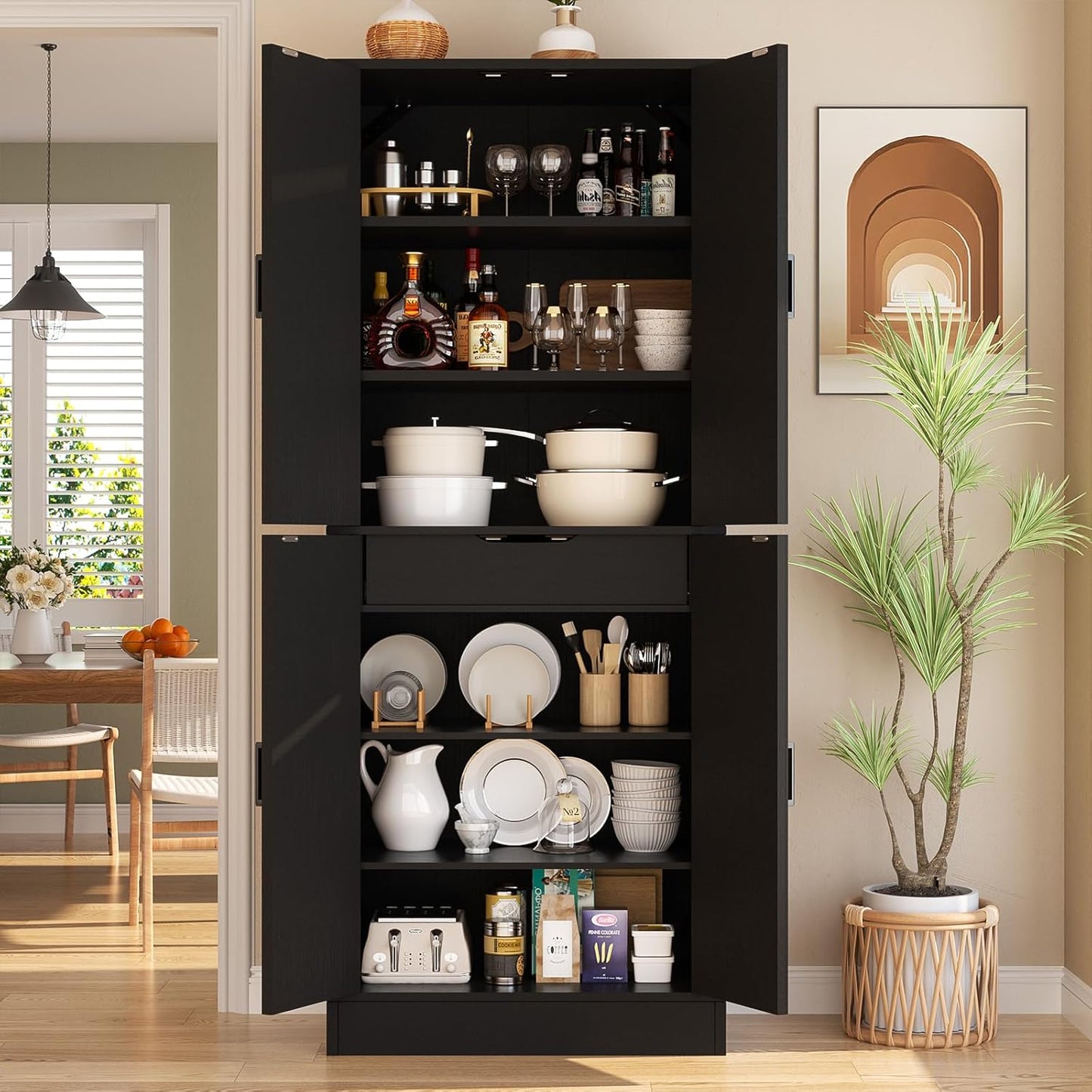 Unikito Kitchen Pantry Cabinet with Farmhouse Barn Doors and Storage Drawer, 4 Adjustable Shelves, Freestanding Tall 71" Cupboard for Kitchen, Dining Room, Living Room, Utility Room, Black