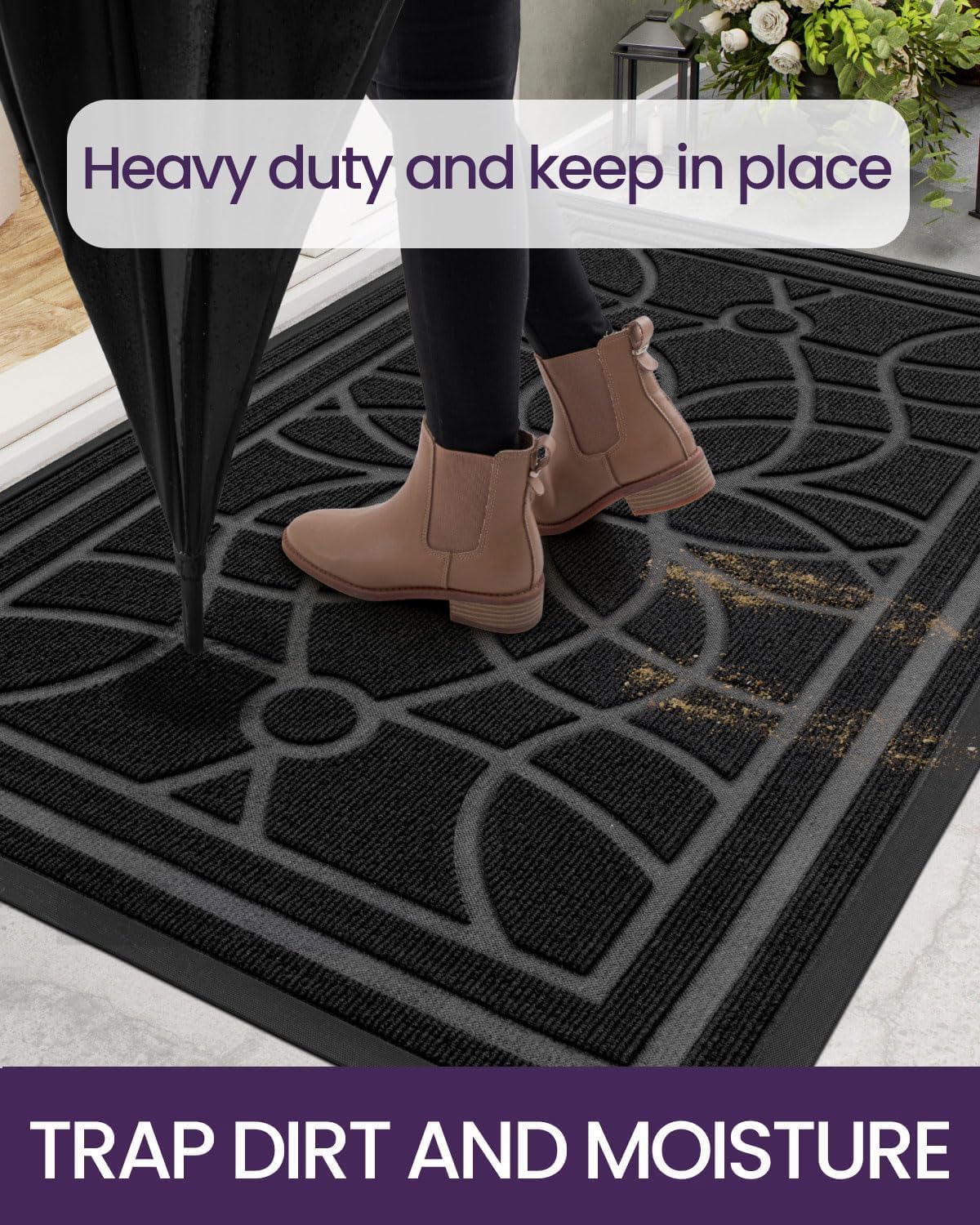 DEXI Front Door Mat Outside Entrance, Heavy Duty Non Slip Low Profile Doormat for Entryway, Trap Dirt and Moisture Welcome Mats, Easy Clean, Patio, Garage, 3x2, Black