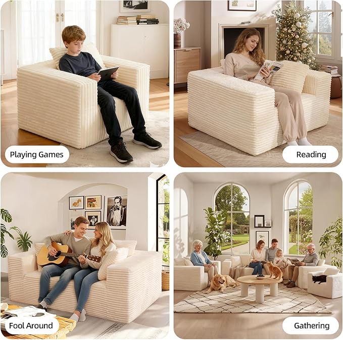Single Cloud Sofa, Giant Bean Bag Chair with High Backrest & Wider Armrest, Foam Boneless Couch for Small Spaces, Comfy Furry Sofas with Pillows for Living Room, Bedroom, Apartment, Dorm, Office