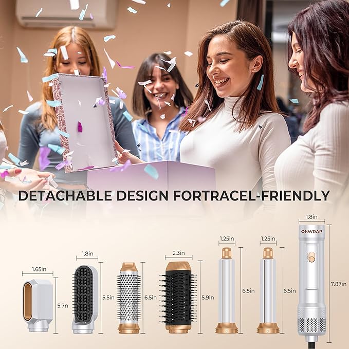 6 in ONE Blow Dryer Brush,Air Curling Iron Round Brush Blow Dryer 800W,Ionic Hair Dryer Brush for Women, Hot Air Brush Hair Styling Tools 100-120V (White Gold)