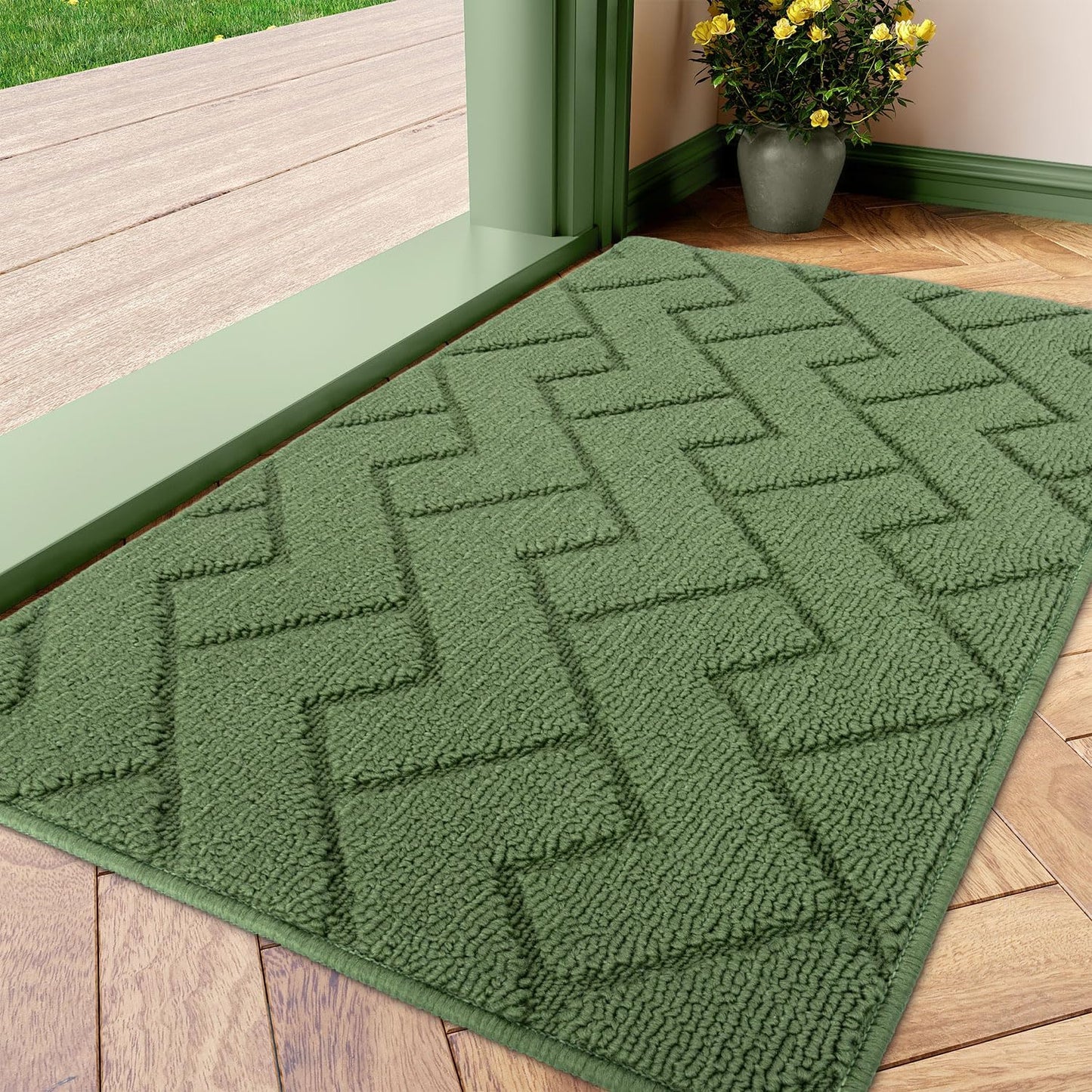 hicorfe Indoor Doormat,Front Back Door Mat TPR Backing Non Slip Mats 20"x31.5" Absorbent Resist Dirt Entrance Doormat Inside Floor for Entryway Washable Low-Profile(Green)