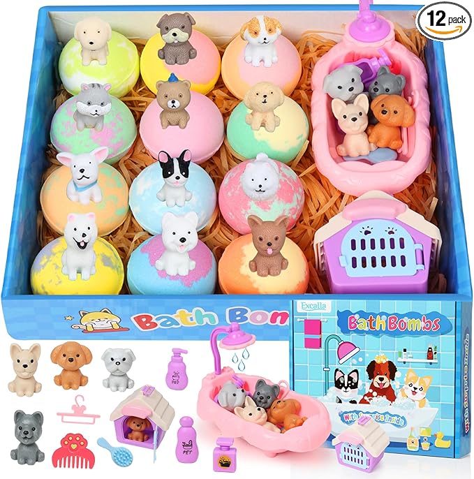 Bath Bombs for Kids with Toys Inside for Girls Boys, 12 Pack Kids Bath Bombs with Surprise Dog Pretend Playset, Handmade Bubble Bath Fizzies Birthday Christmas Gift Set