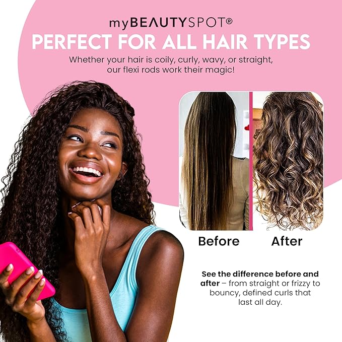 My Beauty Spot Flexi Rods Foam Hair Rollers -1/2" 5/8" 3/4" 1" Diameter- Professional Salon Quality 18 Pcs Rubber Hair Rollers for Long, Medium, and Short Hair, Hair Curlers to Sleep in for Women