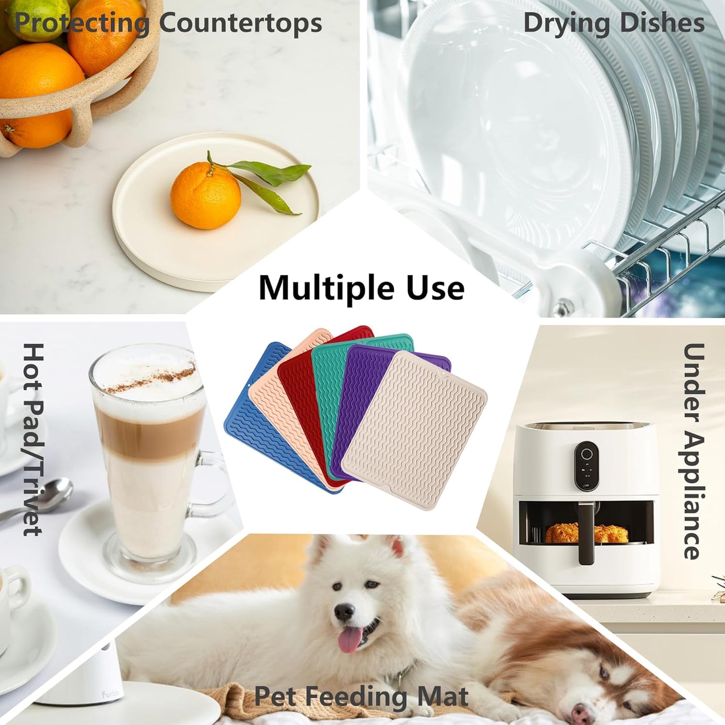 ZLR Silicone Dish Drying Mat for Kitchen Counter, Eco-Friendly Fast Dry Dish Mat, Easy Clean Multi Usage Drying Matt, Heat Resistant Trivet, 12" x 12" Middle, Lave Red