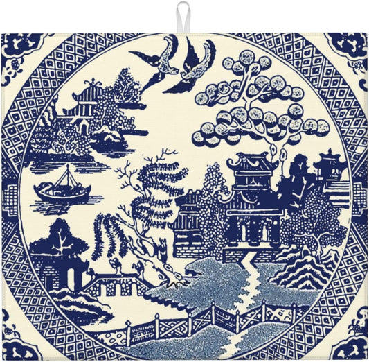 Dish Drying Mat For Kitchen Counter Absorbent Dish Mat Reversible Drainer Drying Kitchen Mat (Oriental Style Chinese Blue Willow, 16"x18")