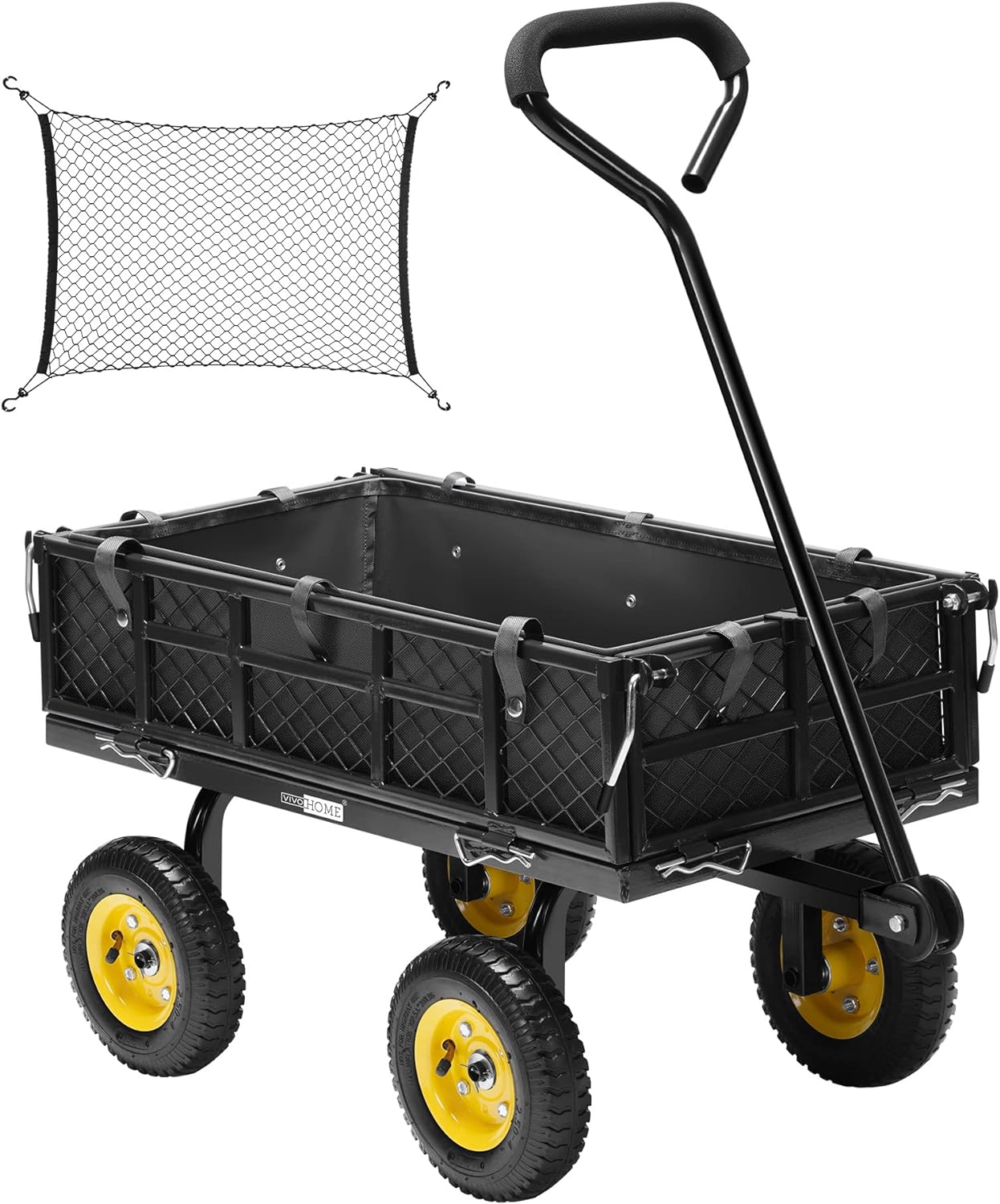 VIVOHOME Heavy Duty 400 Lbs Capacity Mesh Steel Garden Cart Folding Utility Wagon with Removable Sides Black