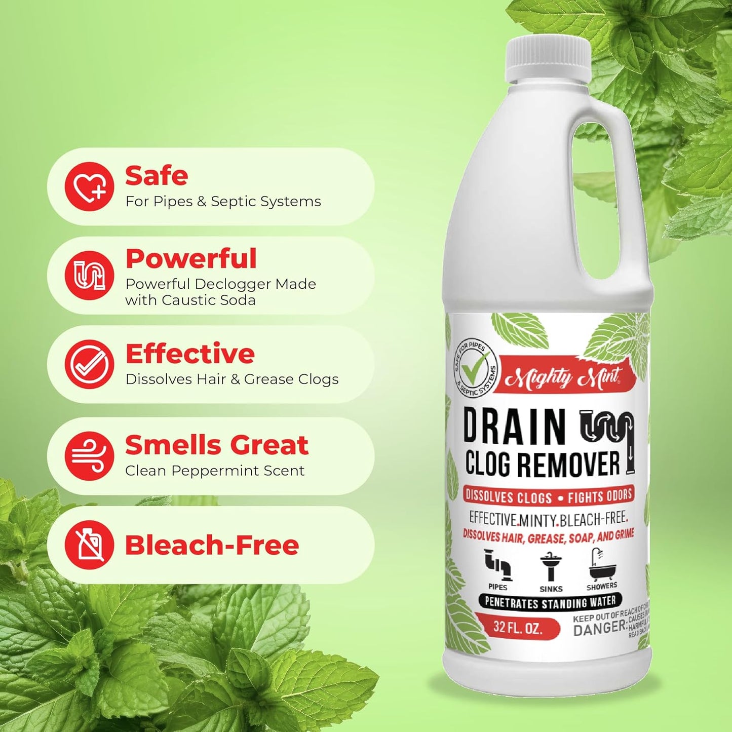 Mighty Mint Drain Clog Remover, Safe for Pipes and Septic, Dissolves Hair & Grease, Clears Blocked Drains and Deodorizes, Natural Mint Scent, 32oz