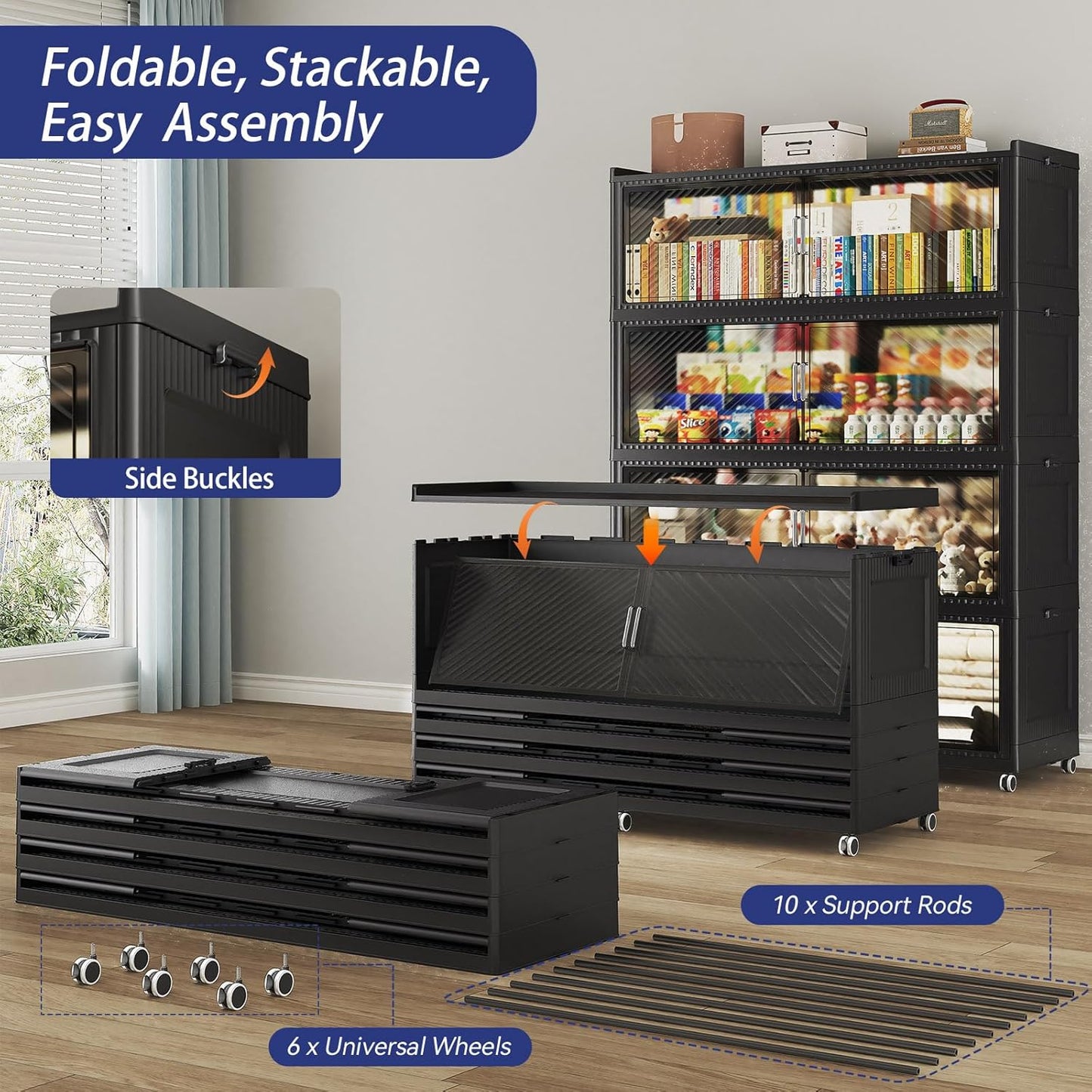 200 Gallon Extra Large Collapsible Storage Bin with Lid, 800QT Stackable Plastic Organizer with 6x Wheels, Foldable Drawer Cabinet for Closet, Living Room Office Dorm 4Pack, Black