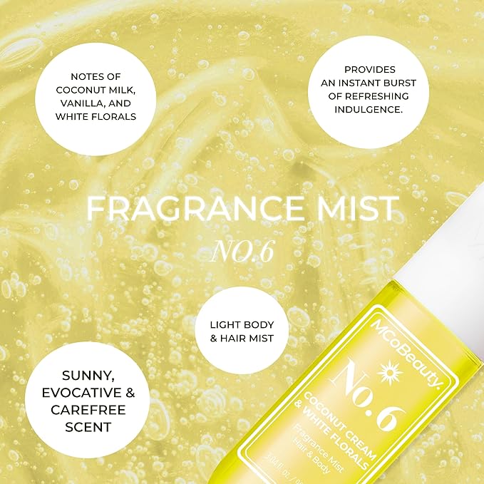 MCoBeauty - Fragrance Mist No. 6 - Light Body and Hair Spray Coconut Cream & White Florals, Tropical Notes for Day or Night - Vegan, Cruelty Free - Gifts for Women, Feminine Spray - 90ml Bottle