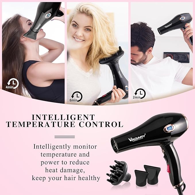 VAGARY Professional Salon 2200W Blower Dryer with Diffuser Concentrator Nozzles,Negative Ionic Blow Dryer,Low Noise Hair Dryers,2 Speeds and 2 Heat Settings 1 Cool Shot Button