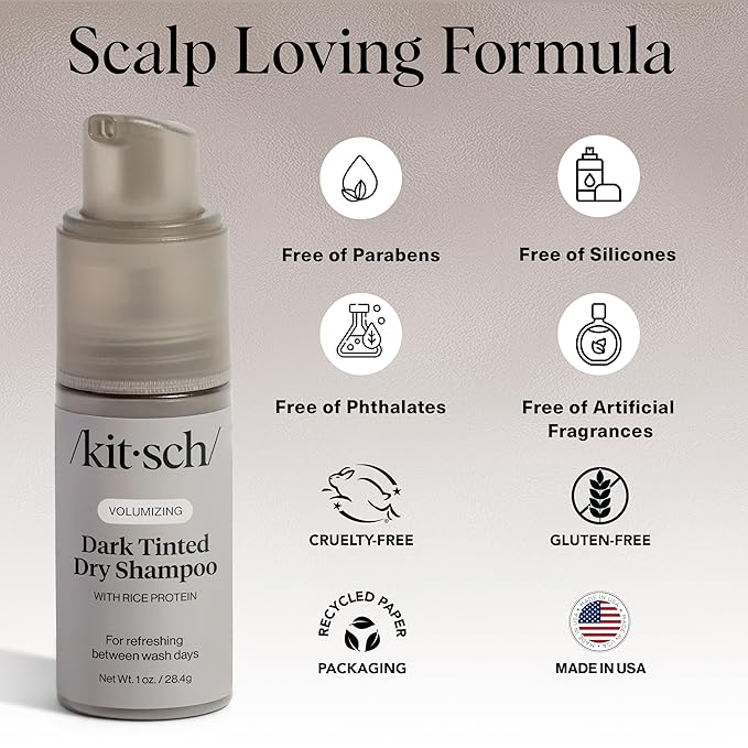 Kitsch Volumizing Rice Protein Dry Shampoo Powder - Dry Shampoo for Women & Men, Dark Hair, No White Cast, Absorbs Oil, Non-Greasy, Fragrance Free, Travel Size in Pump Form - Dark Tinted 1oz