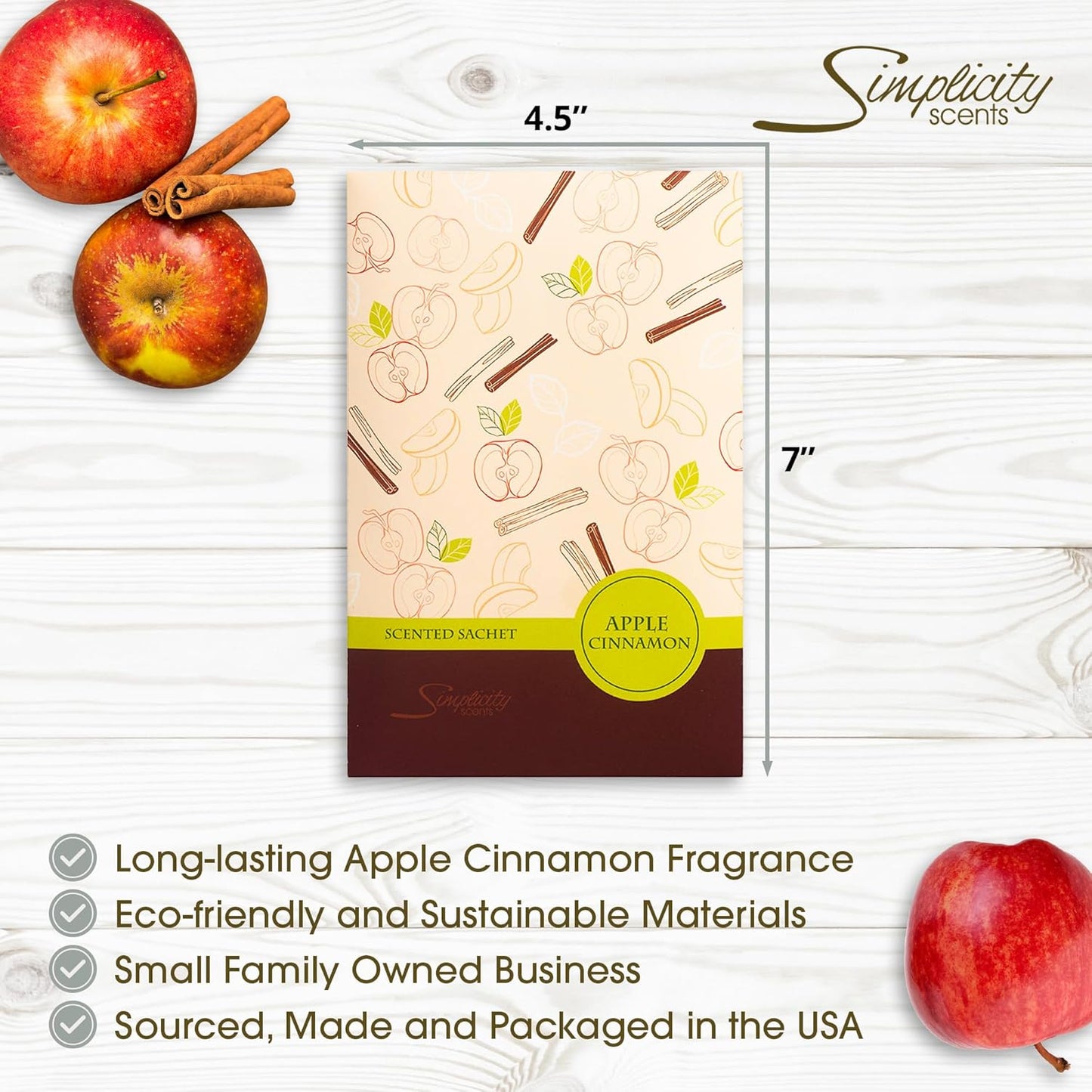 Simplicity Scents Apple Cinnamon Scented Sachets Pack of 6, Fall & Winter - Long-Lasting Scented Bags, Home Fragrance, Air Freshener & Deodorizer for Closet, Room, Drawer, or Cars, Made in USA