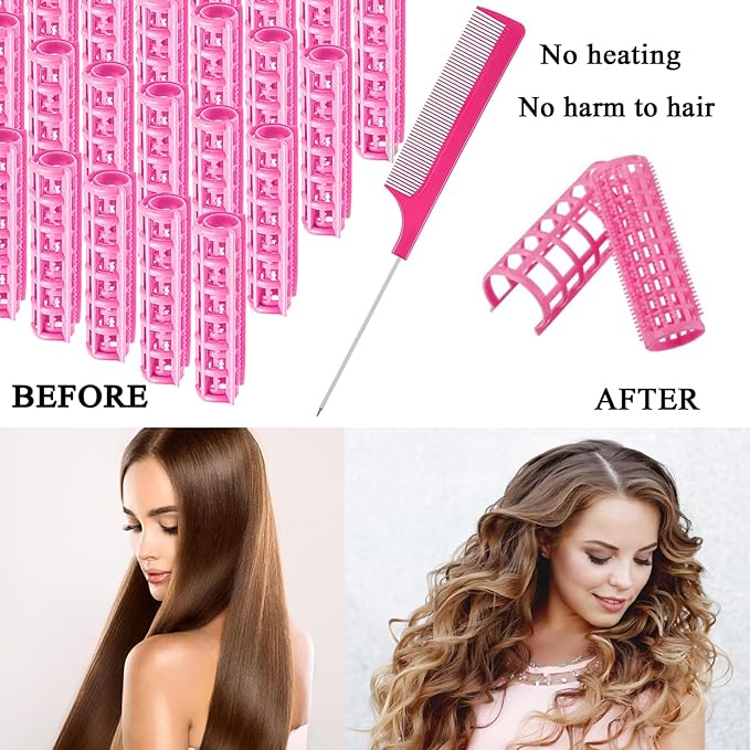 ZMD 28PCS Plastic Hair Rollers Set, 0.6In/1.5cm Small Size Snap on Rollers Self Grip Hair Curlers Heatless Rollers with Comb Hairdressing Curlers Tools for Women/Men Short Thin Fine Hair (Pink)