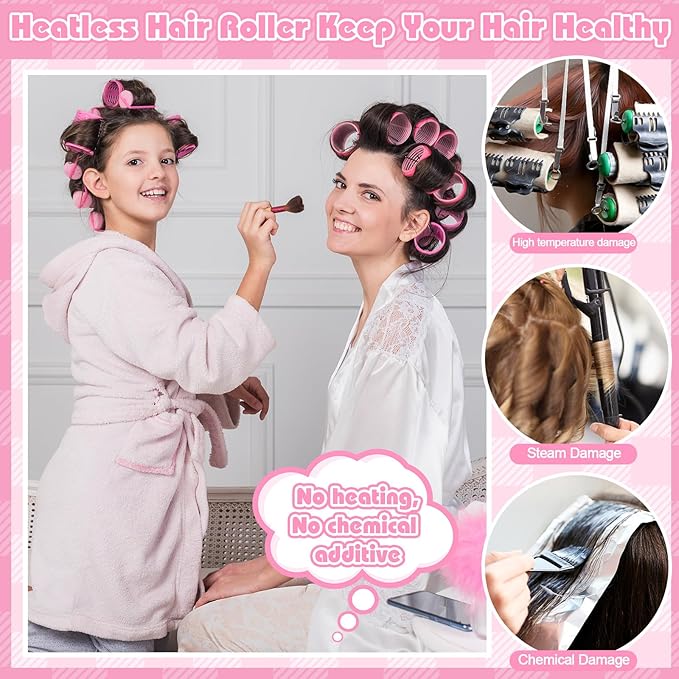 5 Sizes Self Grip Hair Rollers Set, 64 Pcs Rollers Hair Curlers with Clips Comb for Long Medium Short Hair (60 48 40 32 20mm), Pink