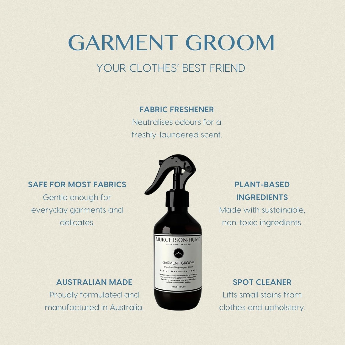 Murchison-Hume Garment Groom Fabric Freshener, Air Freshener, Odor Fighter, Laundry Treatment and Stain Remover, Basil Mandarin Kale