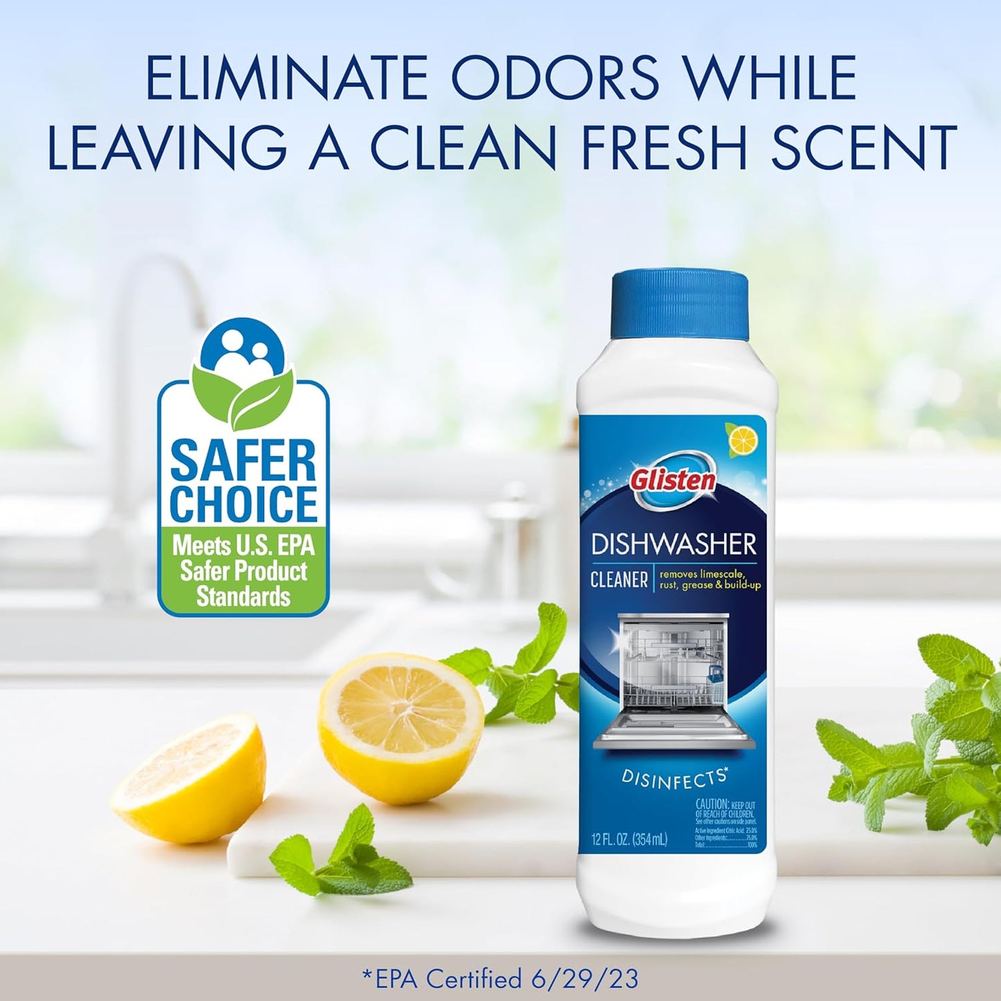 Glisten Dishwasher Cleaner, Removes Limescale, Rust, Buildup, and Grease, Lemon Scent, Made in the USA, 12 Ounce Bottle, 3-Pack