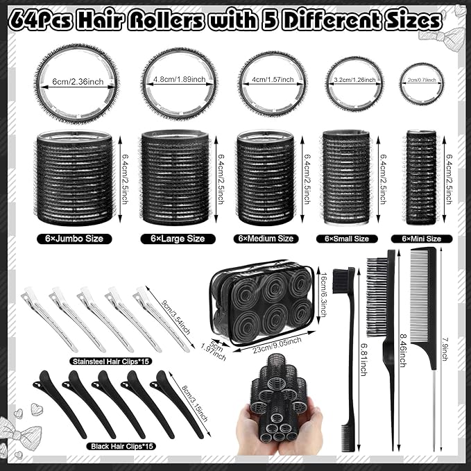 64 Pcs Self Grip Hair Rollers Set, 5 Sizes Rollers Hair Curlers with Clips Comb for Long Short Hair (60 48 40 32 20mm), Black