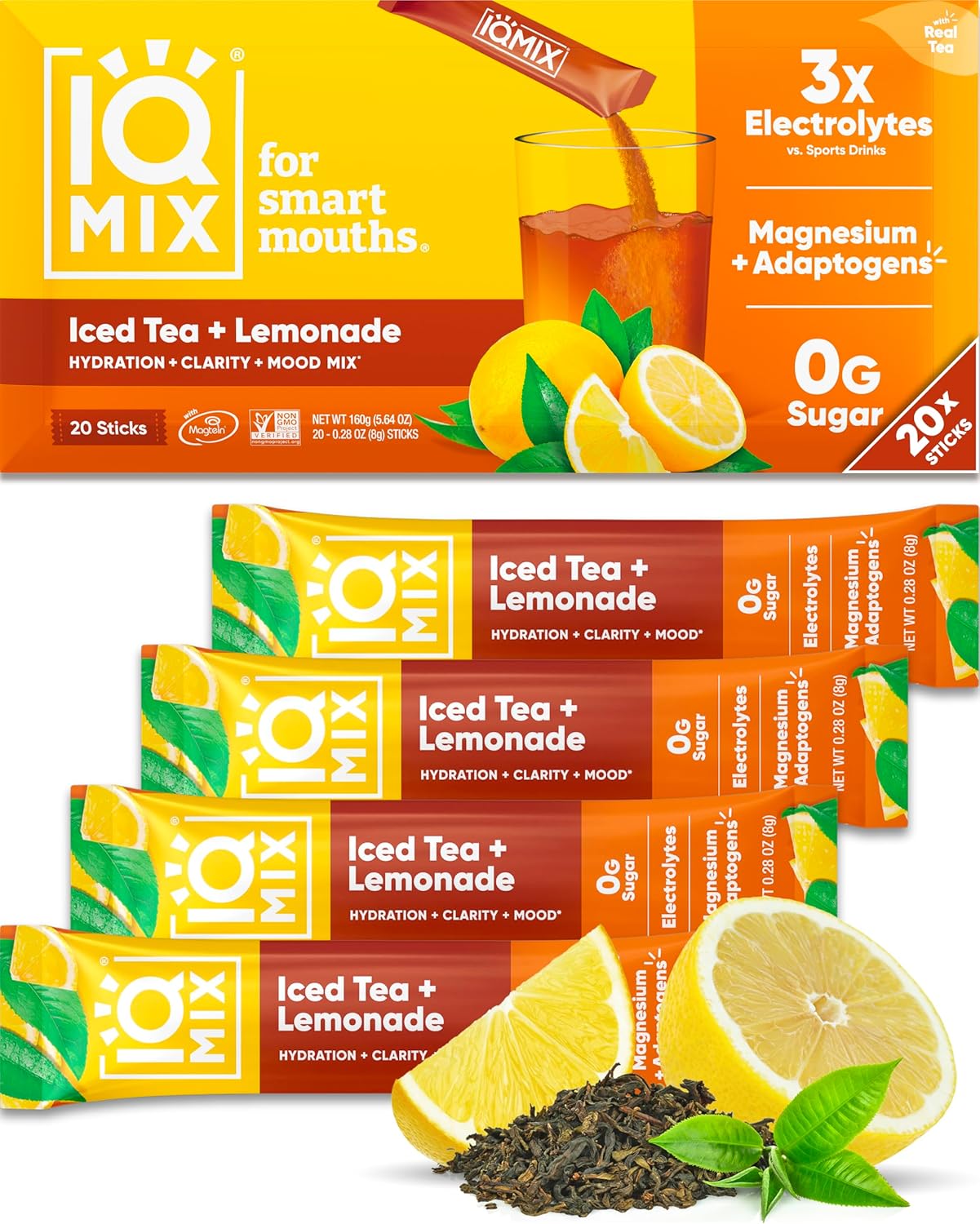 IQMIX Hydration Electrolyte Powder – 4-in-1 Formula for Hydration, Mental Clarity, Mood and Recovery – Sugar-Free Drink Mix, Keto, Magnesium L-Threonate, Lion’s Mane – 20 Count New Iced Tea Lemonade