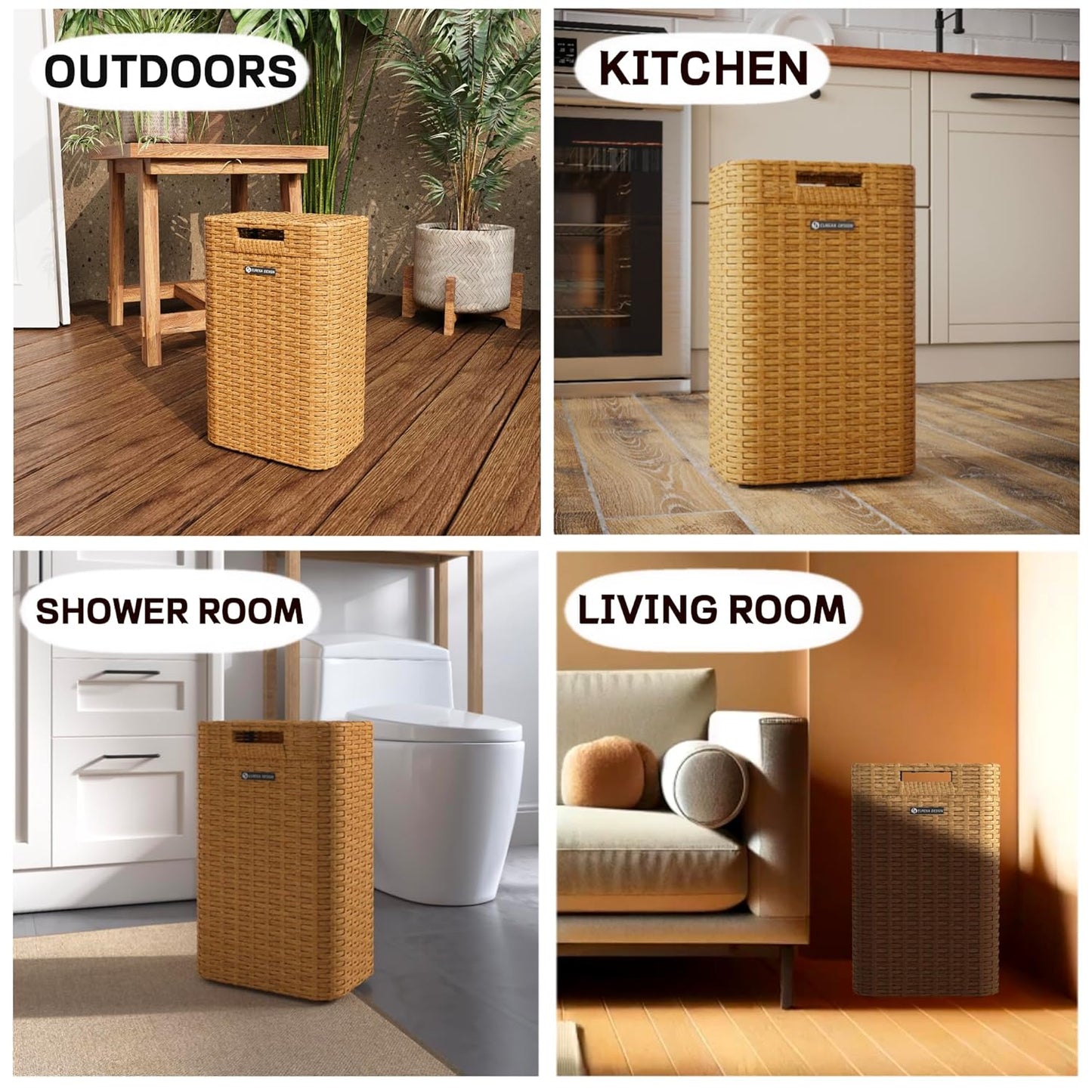 Ypati Handwoven 4 Gallon Rattan Trash Can with Lid, Boho Style Decorative Indoor and Outdoor Trash Bin with Shelf, Waste Basket for Bathroom, Patio, Study, with Trash Bags, Bohemian Yellow, Eureka