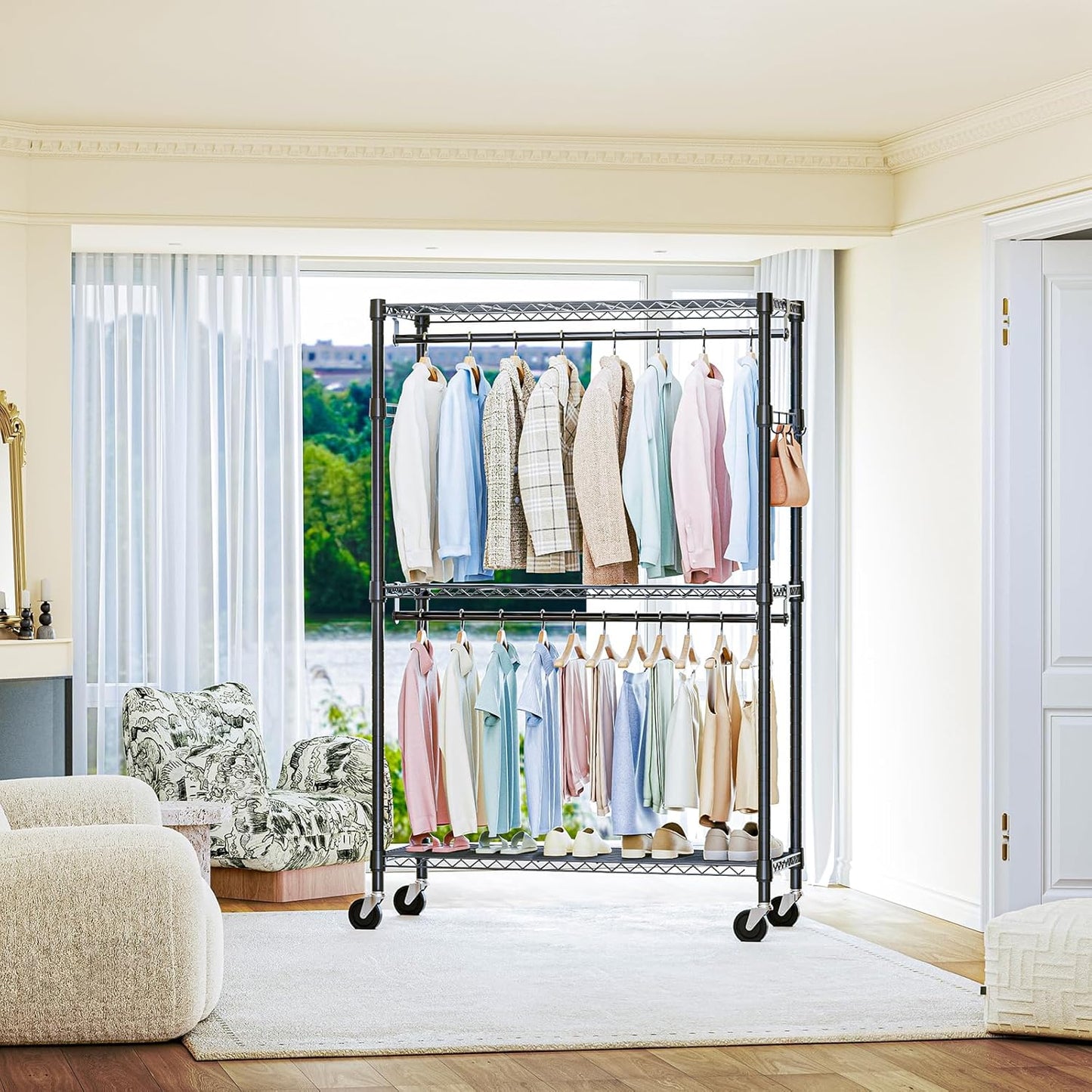 IZEUK Heavy Duty Rolling Garment Rack with 3 Adjustable Wire Shelves, Hanging Rod & Side Hooks - Extra Large Mobile Clothes Rack with Wheels, 47.2" W x 17.7" D x 83.6" H, Black