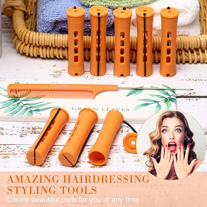 24 Pieces Hair Perm Rods Plastic Cold Wave Perming Curlers Hair Rollers with Steel Pintail Comb Rat Tail Comb Tools for Hairdressing Styling(Orange,0.87inches)