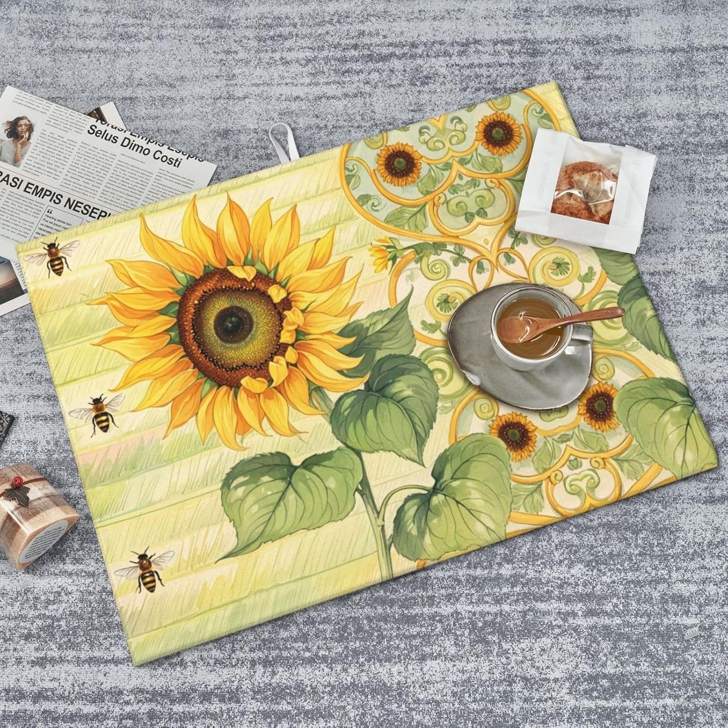 Sunflower Bee Dish Drying Mat Highly Absorbent Double-Sided Microfiber with Hanging Loop Reversible Drain Dish Rack Mat Drain Mat Suitable for Kitchen Countertop Coffee Bar 18 x 24 Inch